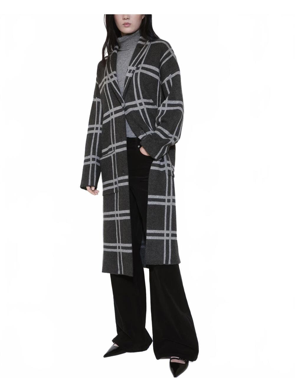 Mango Check Knitted Coat NWT Charcoal Grey XS